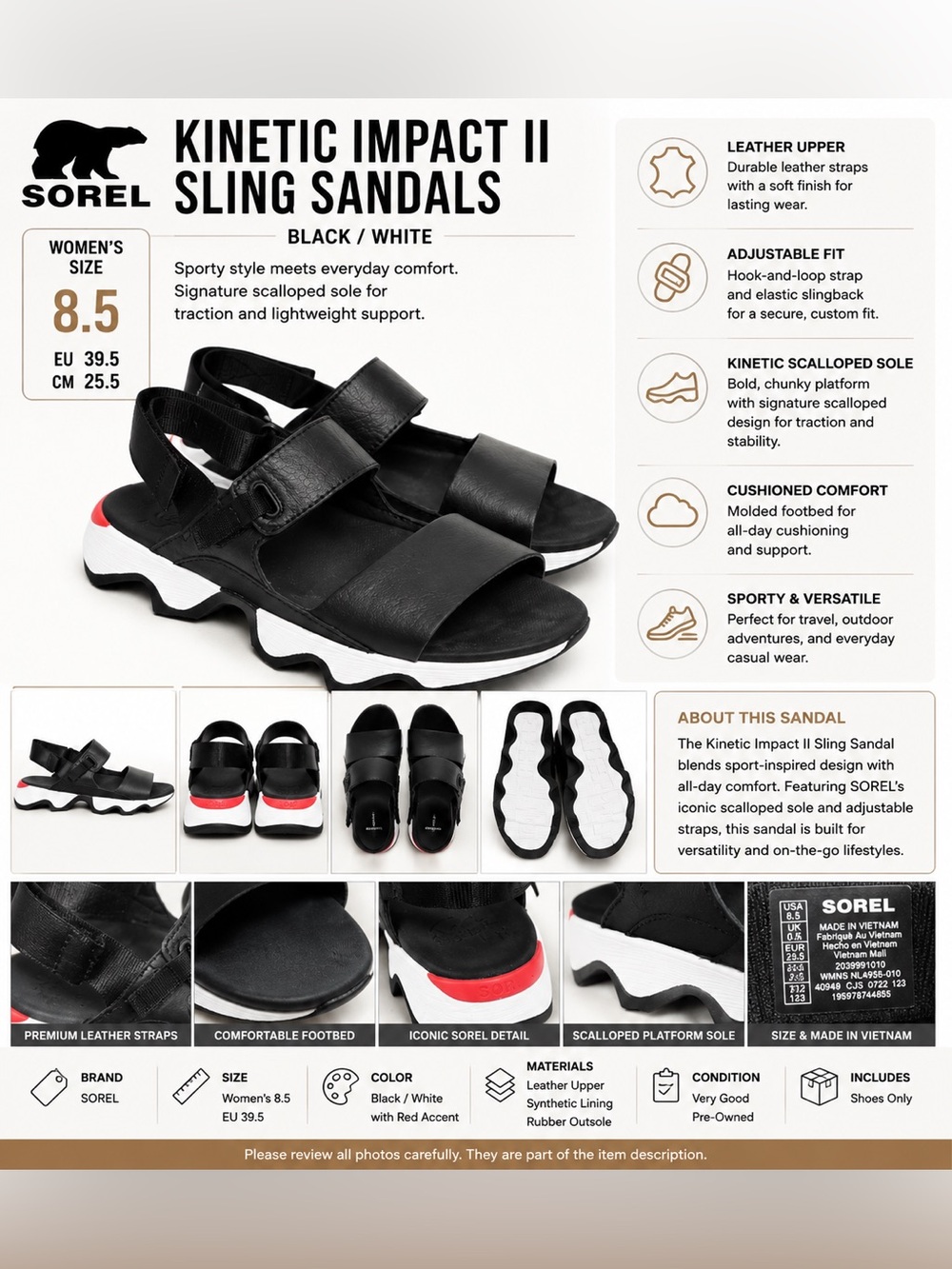 SOREL Kinetic Impact II Sling Sandals Black White Women’s Size 8.5 Leather Sport